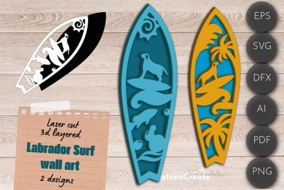 3D Layered SVG Surf Labrador for Laser Cutting Wall Decor